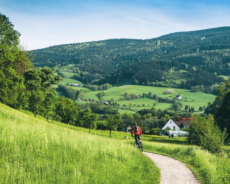 Mand cykler i bjerglandskab i Tyskland